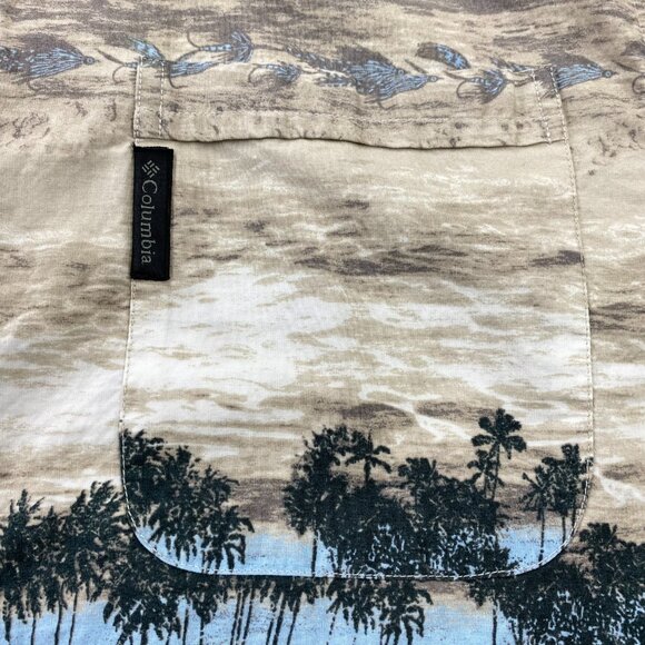 Columbia Sportswear Button Up Shirt Men Medium M Brown Hawaiian Palm Trees Beach - Picture 2 of 8